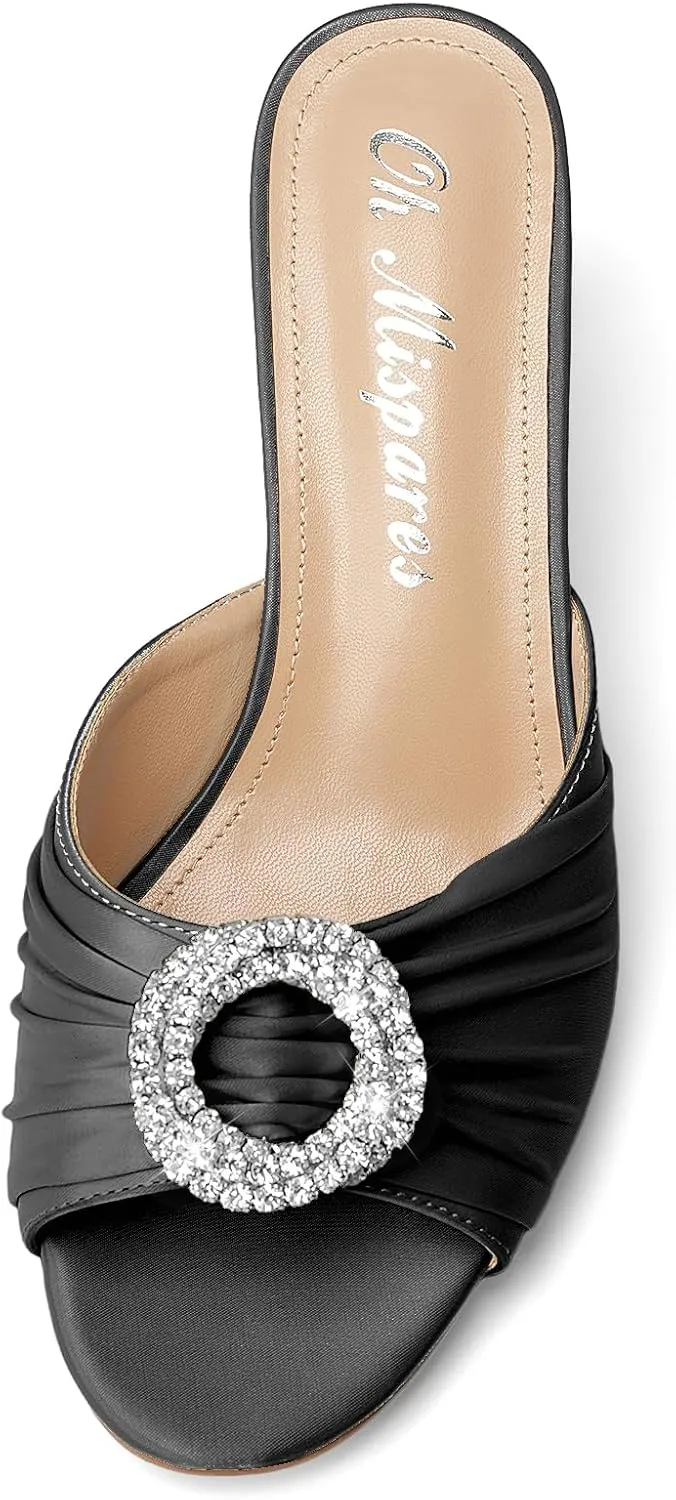Oh Mispares Women’s Stiletto Heeled Slides Round Open Toe Slip-on Satin Mules Rhinestones 2 Inch Comfortable Dress Sandals for Prom Party Wedding