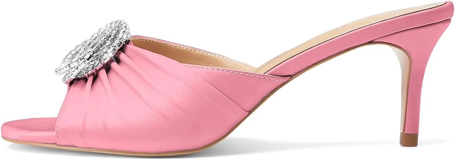 Oh Mispares Women’s Stiletto Heeled Slides Round Open Toe Slip-on Satin Mules Rhinestones 2 Inch Comfortable Dress Sandals for Prom Party Wedding