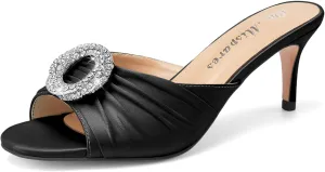 Oh Mispares Women’s Stiletto Heeled Slides Round Open Toe Slip-on Satin Mules Rhinestones 2 Inch Comfortable Dress Sandals for Prom Party Wedding