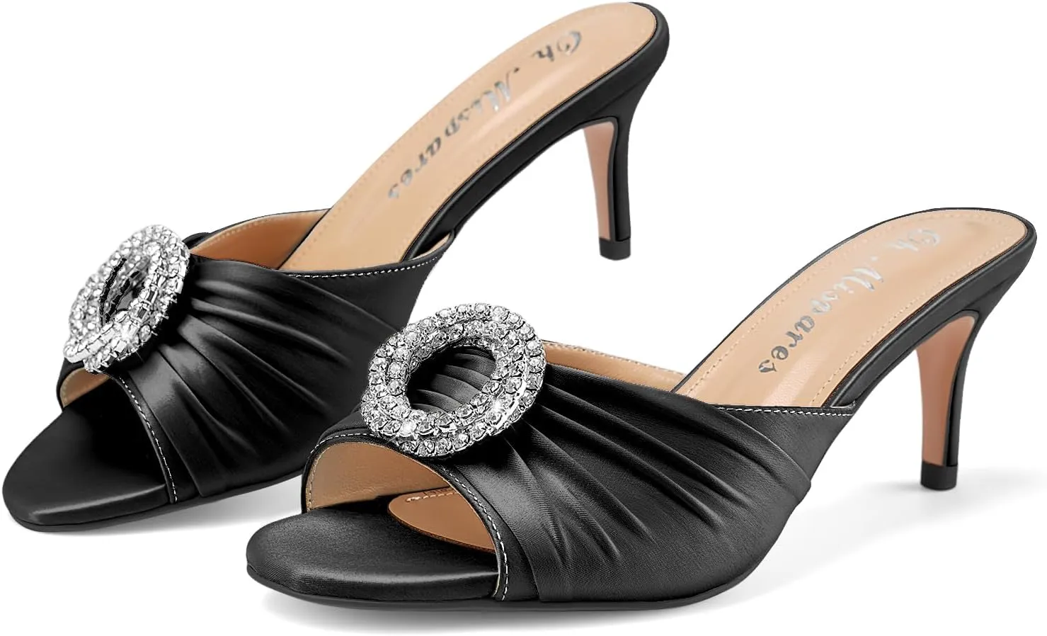 Oh Mispares Women’s Stiletto Heeled Slides Round Open Toe Slip-on Satin Mules Rhinestones 2 Inch Comfortable Dress Sandals for Prom Party Wedding