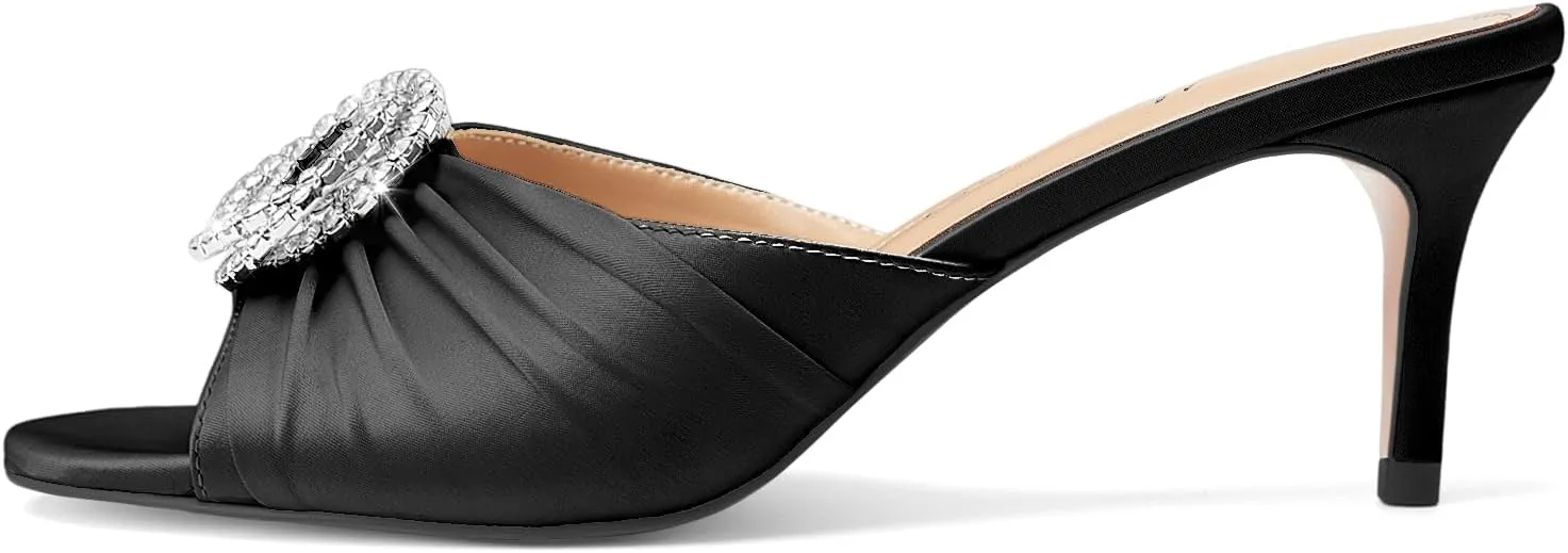 Oh Mispares Women’s Stiletto Heeled Slides Round Open Toe Slip-on Satin Mules Rhinestones 2 Inch Comfortable Dress Sandals for Prom Party Wedding