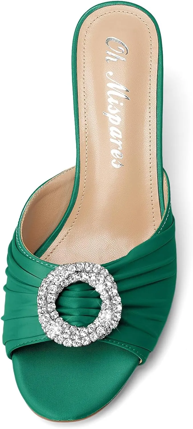Oh Mispares Women’s Stiletto Heeled Slides Round Open Toe Slip-on Satin Mules Rhinestones 2 Inch Comfortable Dress Sandals for Prom Party Wedding
