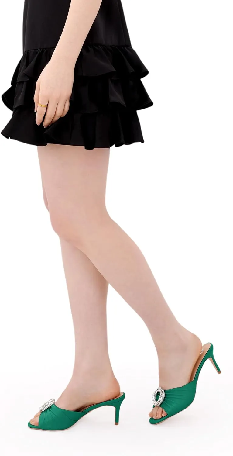 Oh Mispares Women’s Stiletto Heeled Slides Round Open Toe Slip-on Satin Mules Rhinestones 2 Inch Comfortable Dress Sandals for Prom Party Wedding