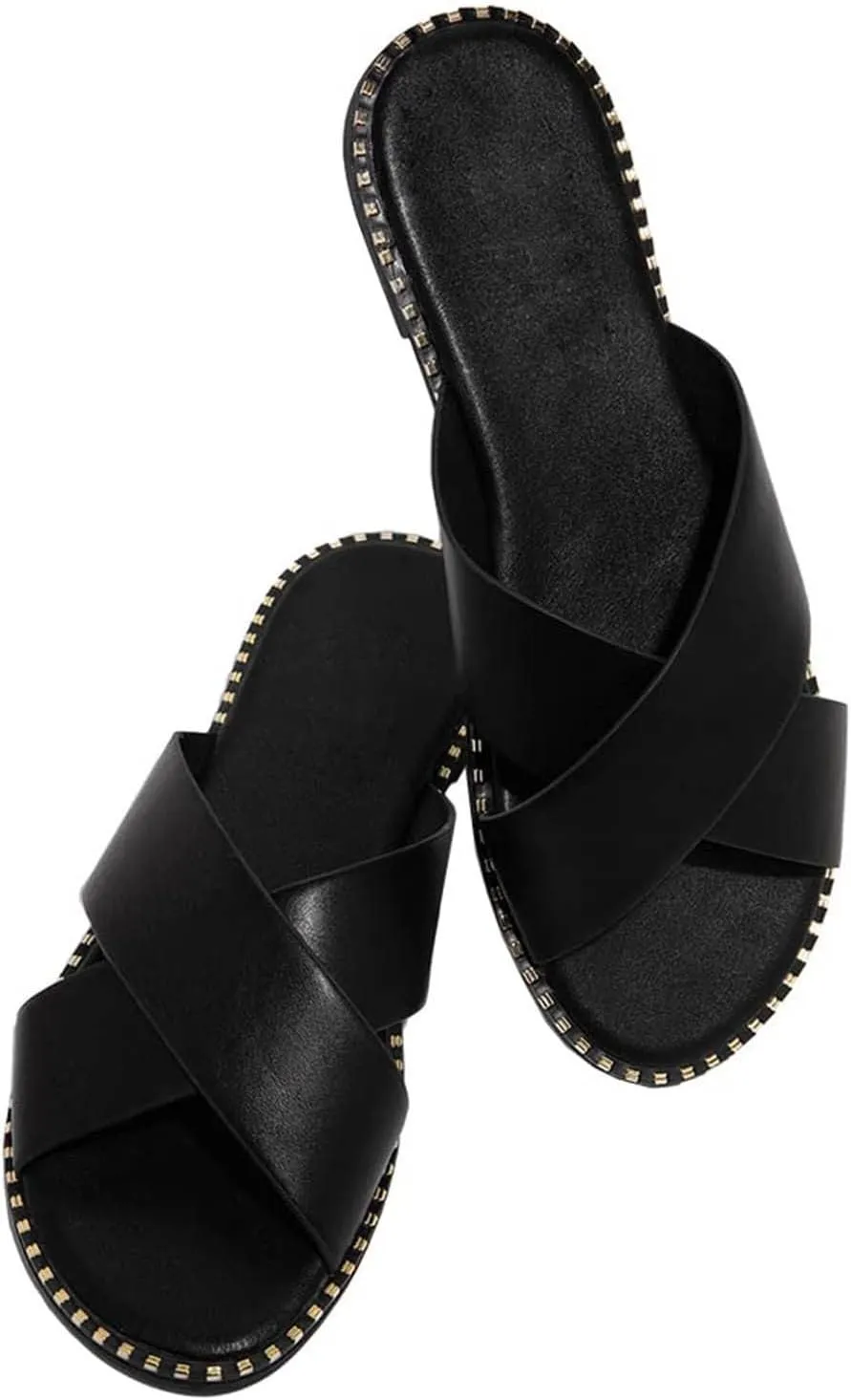 oiangi Slide Sandals Women Studded Flats Summer Casual Open Toe Slip-On Mule Crossed Strap Slipper Comfortable Ladies Shoes