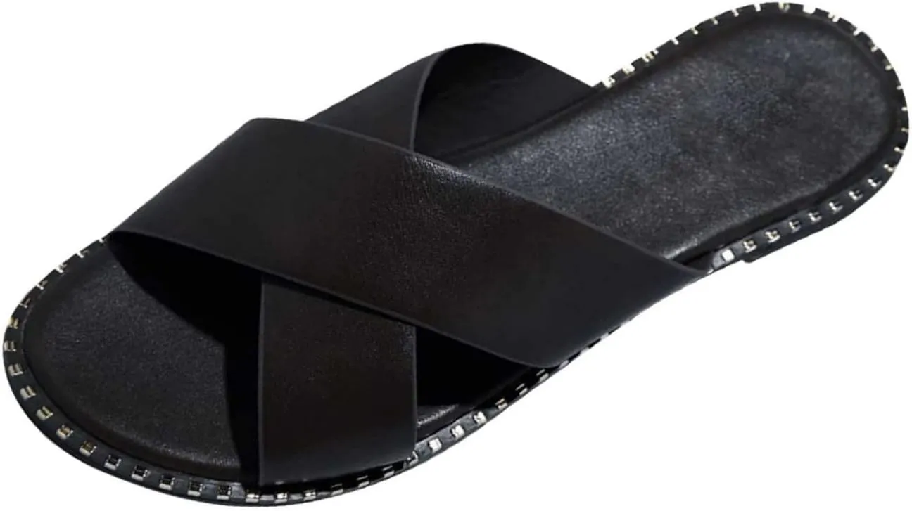 oiangi Slide Sandals Women Studded Flats Summer Casual Open Toe Slip-On Mule Crossed Strap Slipper Comfortable Ladies Shoes