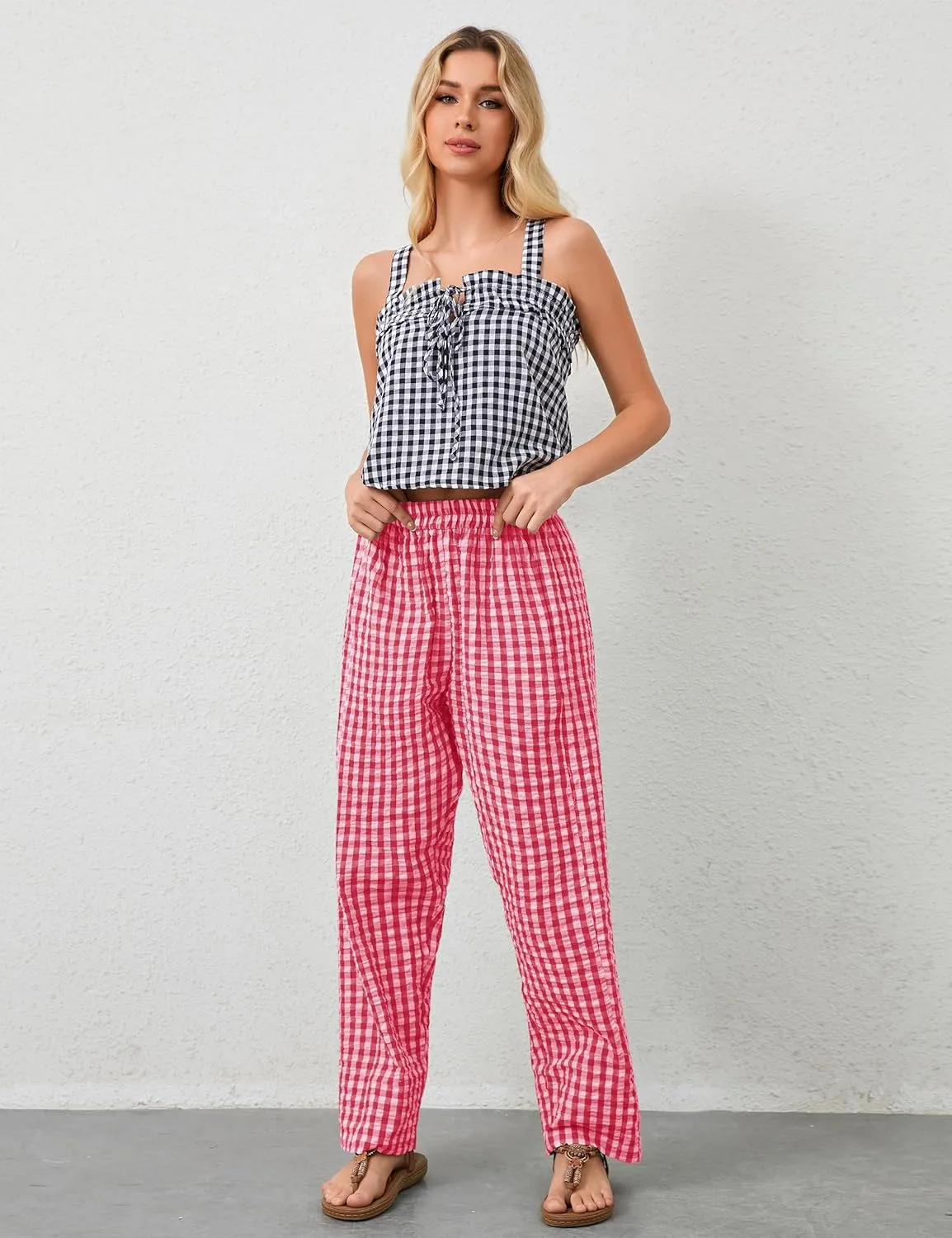 OLAPTA Women Plaid Print Gingham Comfy Lounge Pants Wide Leg Mid Rise Elastic Waist Loose Casual Long Trousers with Pockets
