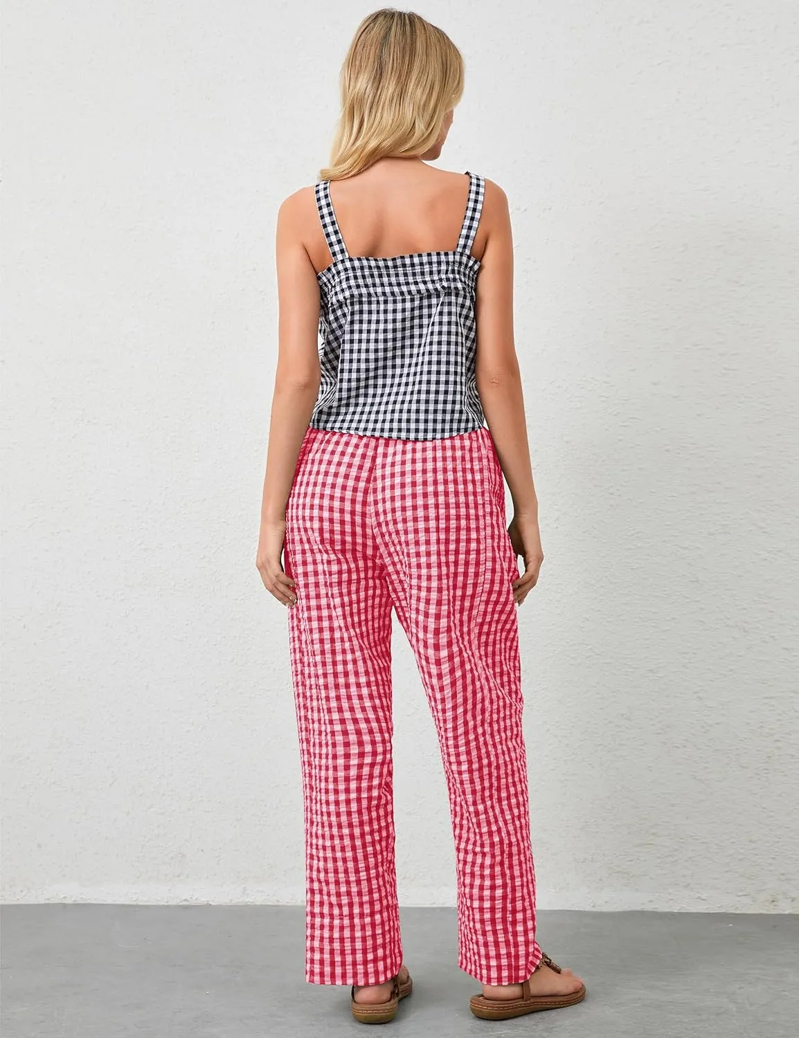 OLAPTA Women Plaid Print Gingham Comfy Lounge Pants Wide Leg Mid Rise Elastic Waist Loose Casual Long Trousers with Pockets