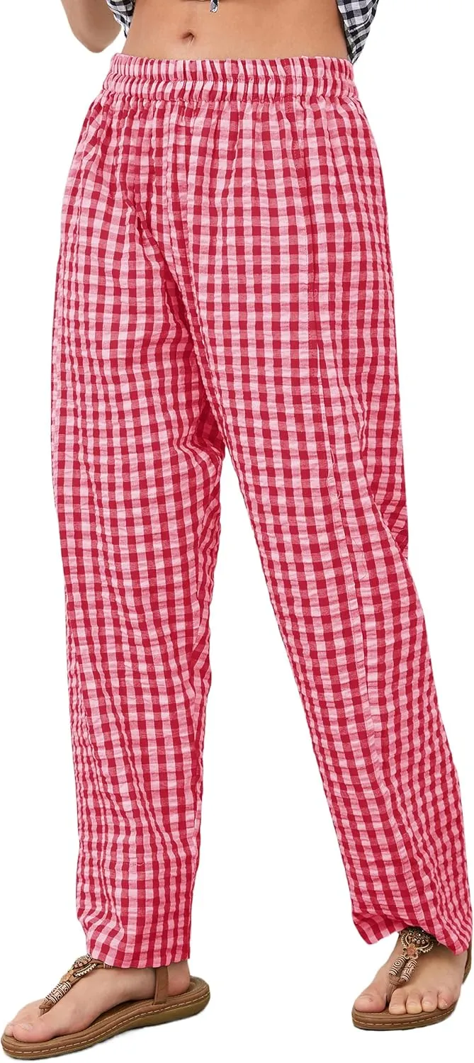 OLAPTA Women Plaid Print Gingham Comfy Lounge Pants Wide Leg Mid Rise Elastic Waist Loose Casual Long Trousers with Pockets
