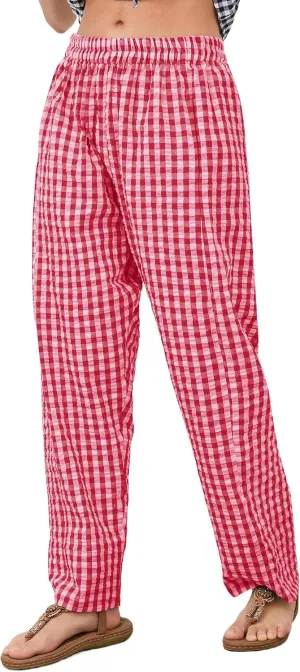 OLAPTA Women Plaid Print Gingham Comfy Lounge Pants Wide Leg Mid Rise Elastic Waist Loose Casual Long Trousers with Pockets