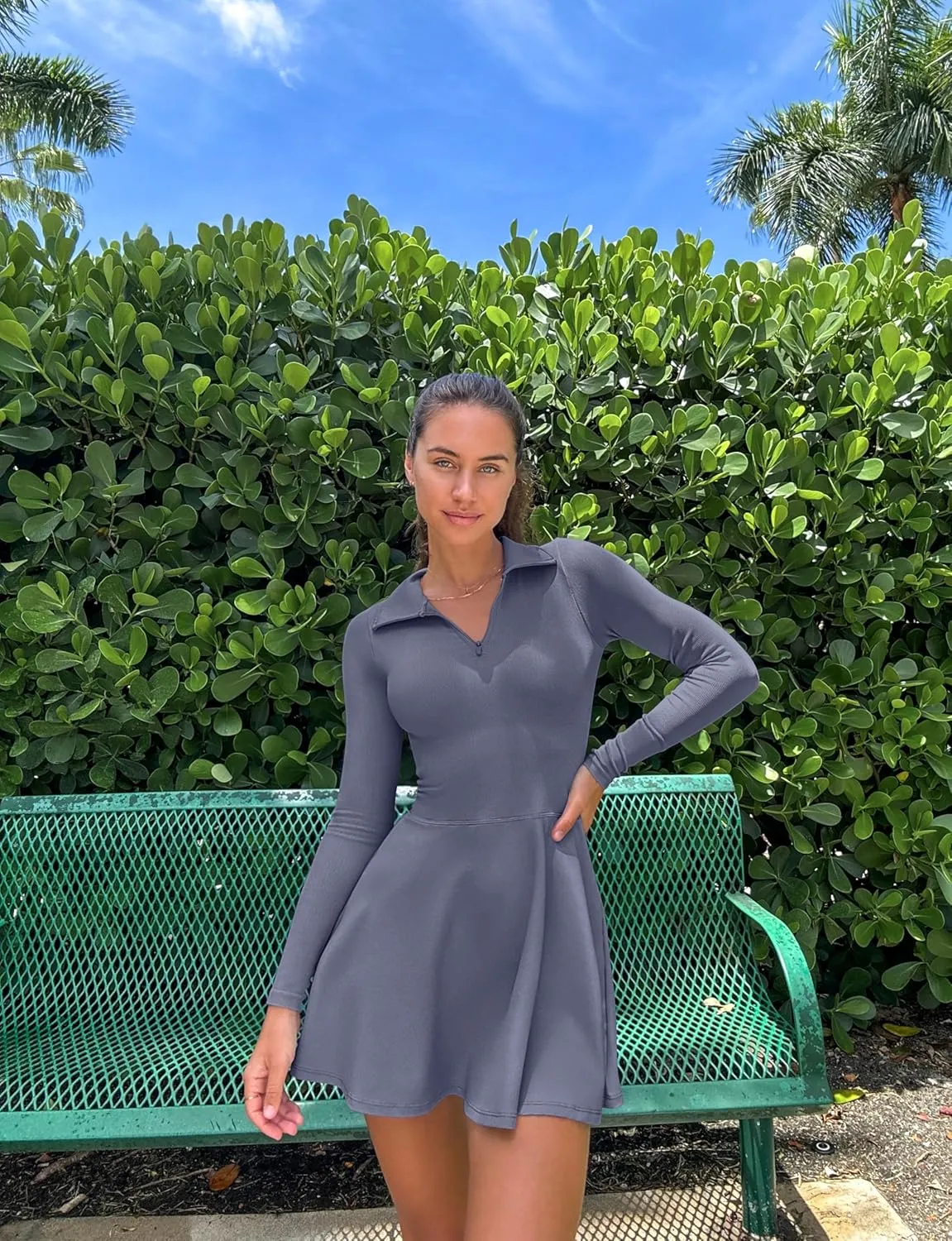 OQQ Womens Dress Casual Long Sleeve Elastic Simple A-Line Zipper Mini Dress