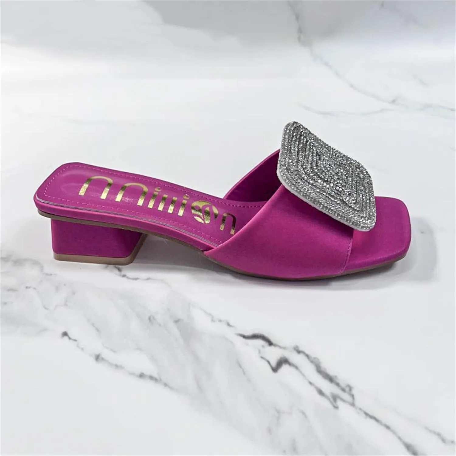 ORNVEION Women’s Bling Rhinestone Square Chunky Heel Sandals,Crystal Satin Glitter Mules Slippers Boho Open Toe Slip-on Beach Sandals