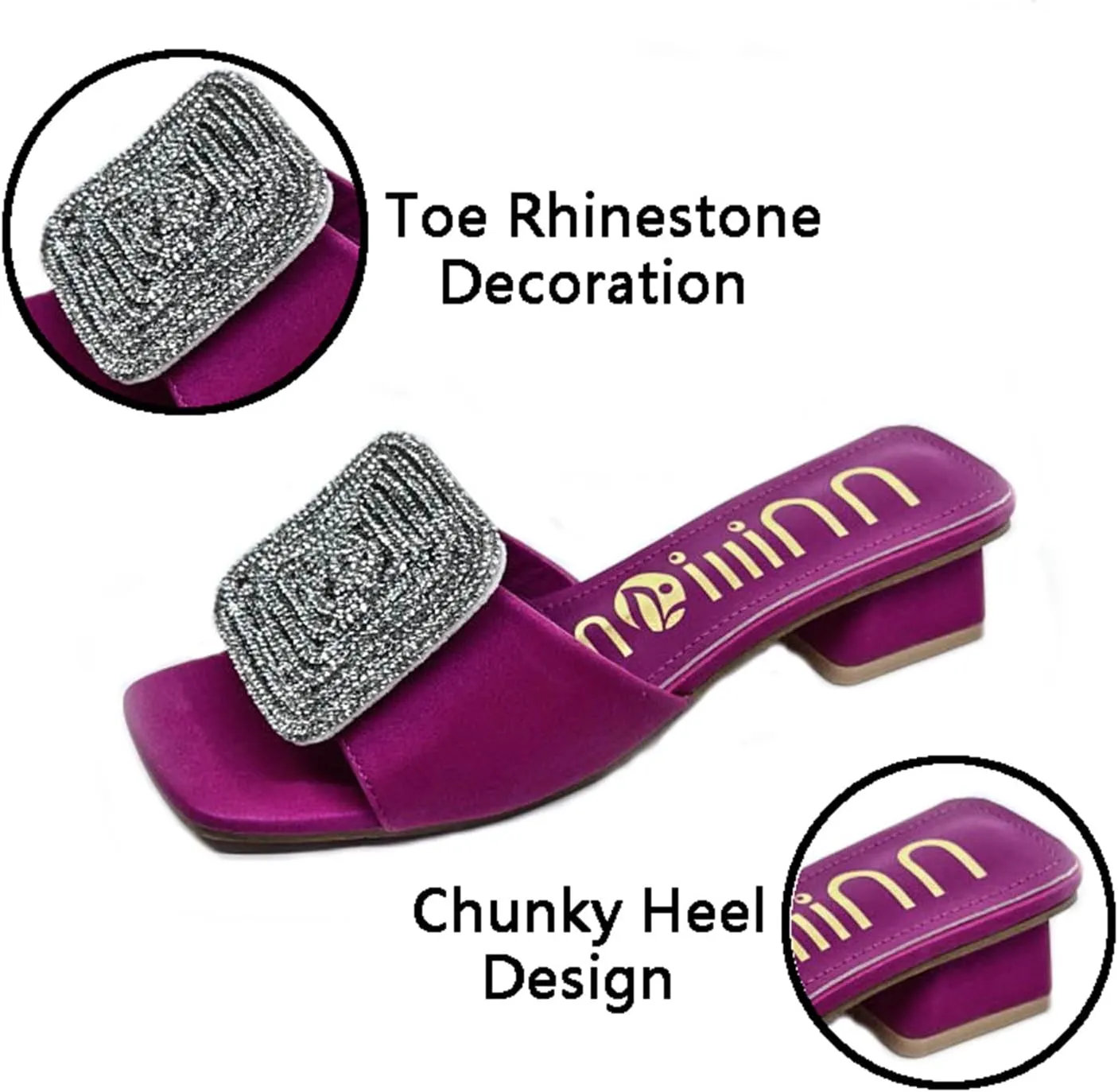 ORNVEION Women’s Bling Rhinestone Square Chunky Heel Sandals,Crystal Satin Glitter Mules Slippers Boho Open Toe Slip-on Beach Sandals