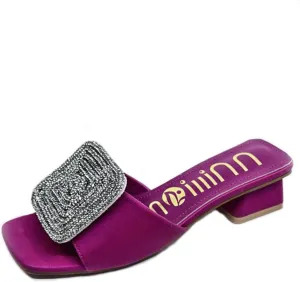 ORNVEION Women’s Bling Rhinestone Square Chunky Heel Sandals,Crystal Satin Glitter Mules Slippers Boho Open Toe Slip-on Beach Sandals