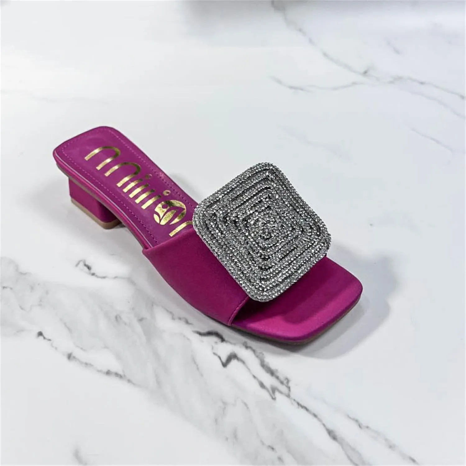 ORNVEION Women’s Bling Rhinestone Square Chunky Heel Sandals,Crystal Satin Glitter Mules Slippers Boho Open Toe Slip-on Beach Sandals
