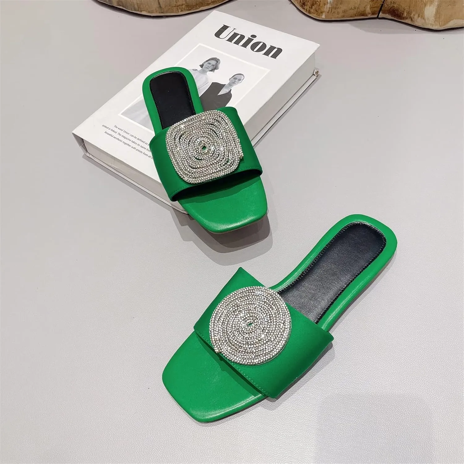 ORNVEION Women’s Bling Rhinestone Square Flat Sandals,Crystal Satin Glitter Mules Slippers Boho Open Toe Slip-on Beach Sandals