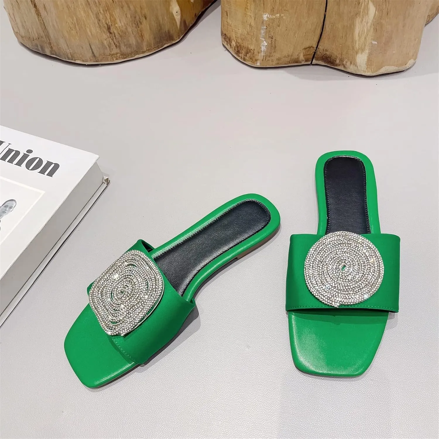 ORNVEION Women’s Bling Rhinestone Square Flat Sandals,Crystal Satin Glitter Mules Slippers Boho Open Toe Slip-on Beach Sandals