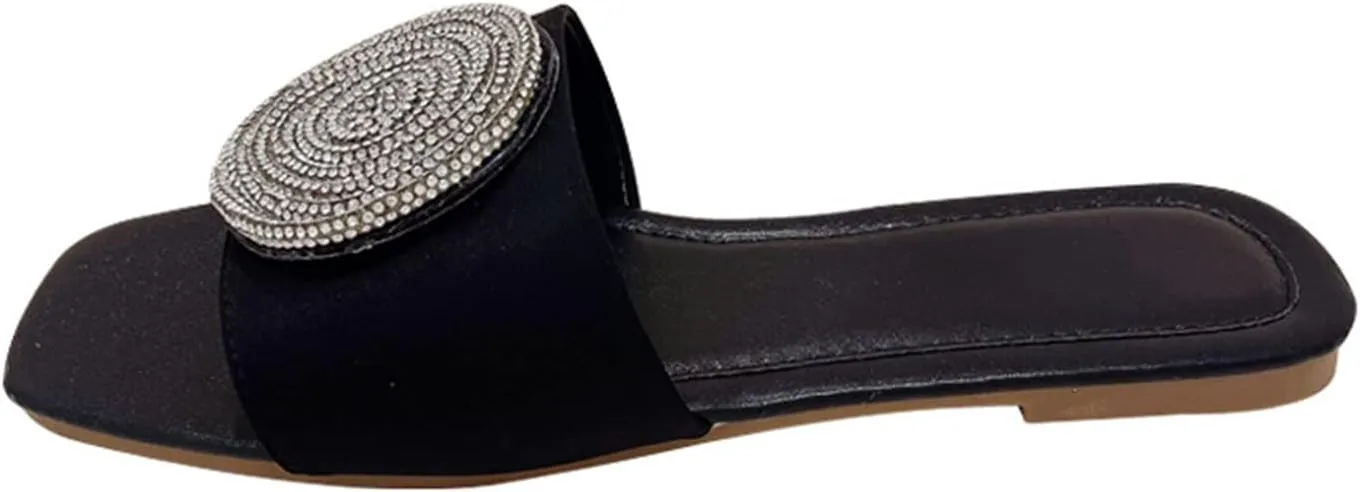 ORNVEION Women’s Bling Rhinestone Square Flat Sandals,Crystal Satin Glitter Mules Slippers Boho Open Toe Slip-on Beach Sandals