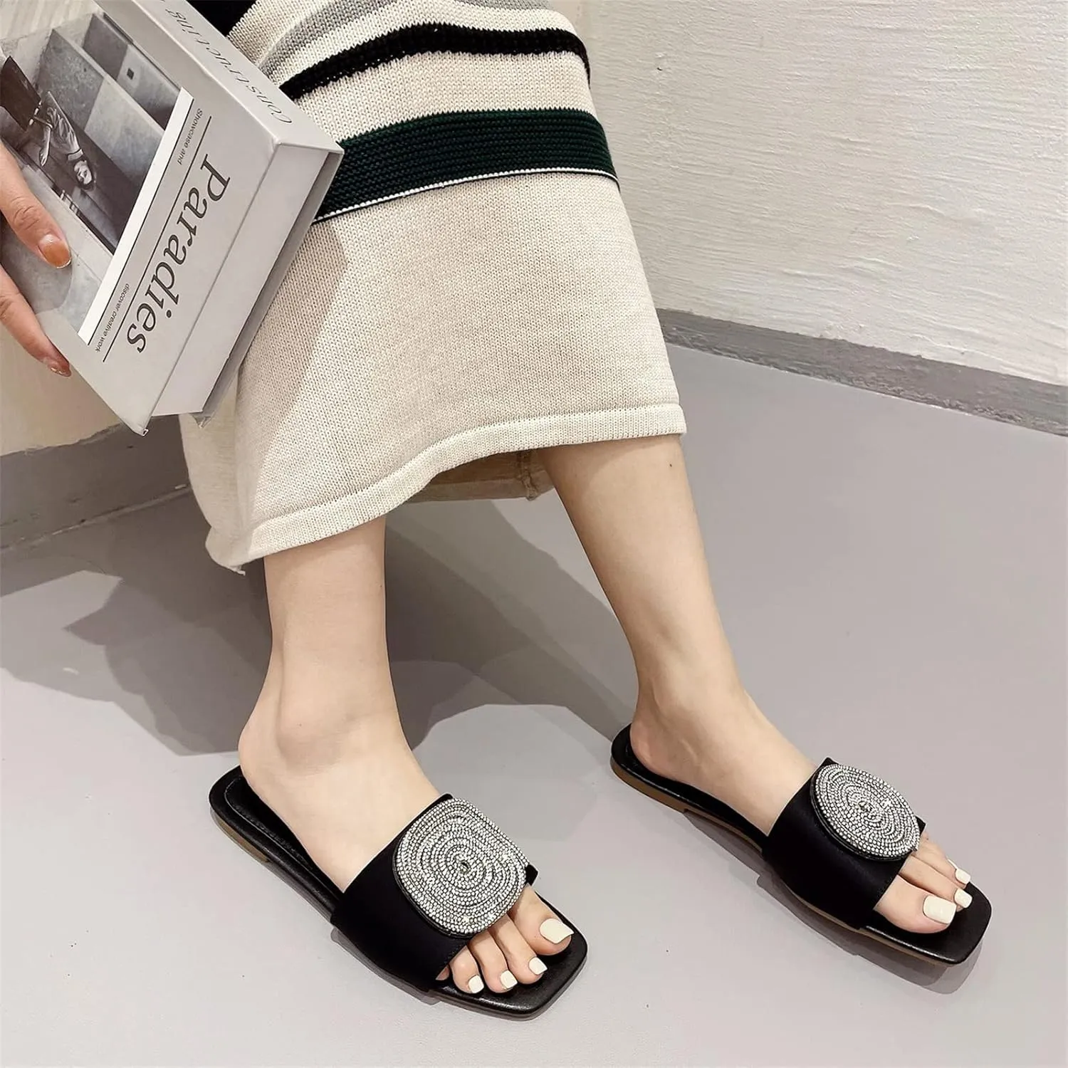 ORNVEION Women’s Bling Rhinestone Square Flat Sandals,Crystal Satin Glitter Mules Slippers Boho Open Toe Slip-on Beach Sandals