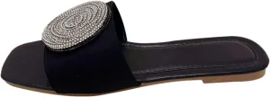 ORNVEION Women’s Bling Rhinestone Square Flat Sandals,Crystal Satin Glitter Mules Slippers Boho Open Toe Slip-on Beach Sandals