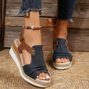 Orthopedic Sandals for Women 2025, Bohemia Breathable Mesh Hollow Open Toe Ankle Strap Wedge Heels Sandals, Comfortable Breathable Orthopedic Sandals for Women