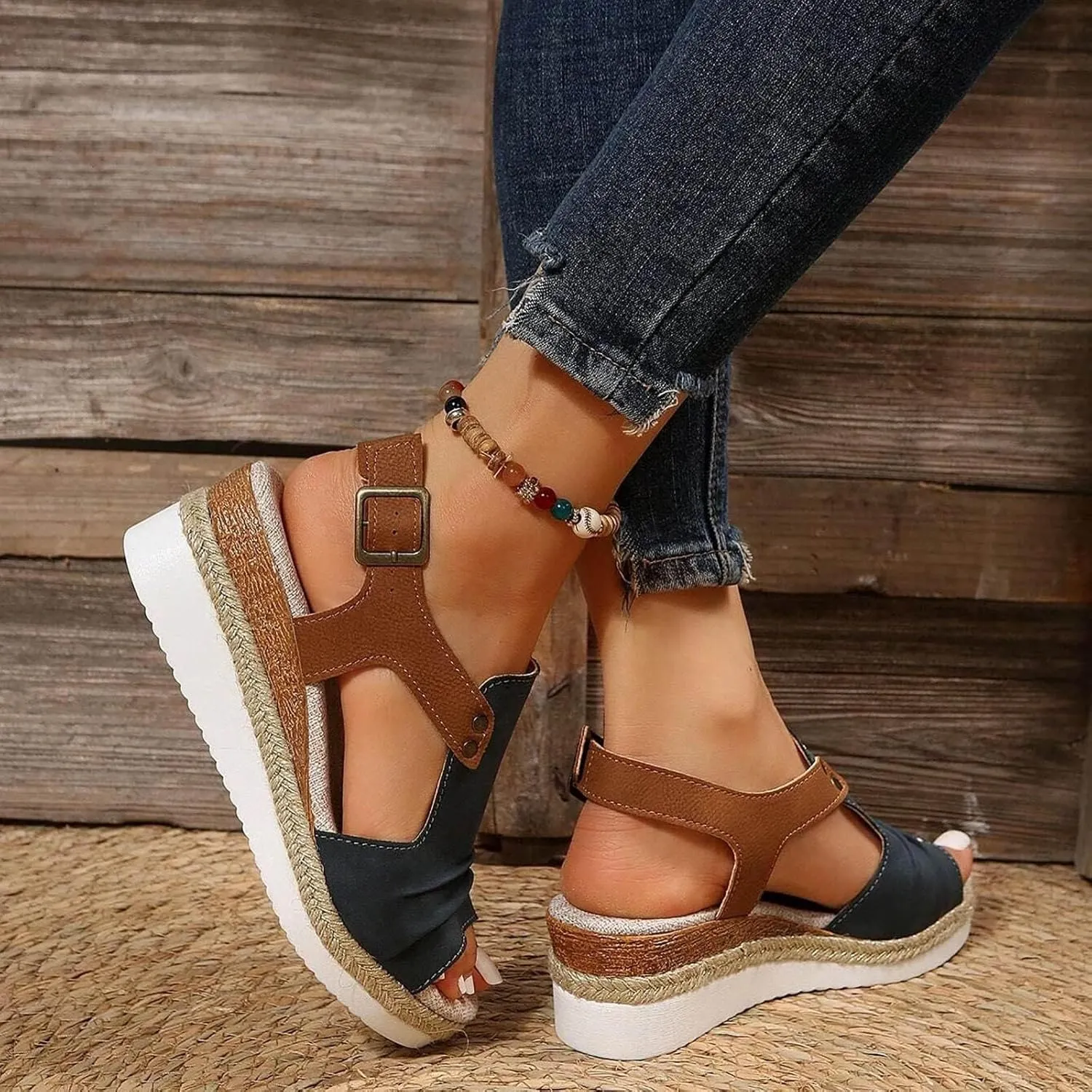 Orthopedic Sandals for Women 2025, Bohemia Breathable Mesh Hollow Open Toe Ankle Strap Wedge Heels Sandals, Comfortable Breathable Orthopedic Sandals for Women