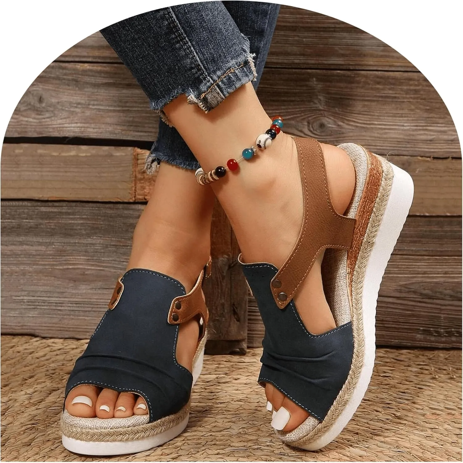 Orthopedic Sandals for Women 2025, Bohemia Breathable Mesh Hollow Open Toe Ankle Strap Wedge Heels Sandals, Comfortable Breathable Orthopedic Sandals for Women
