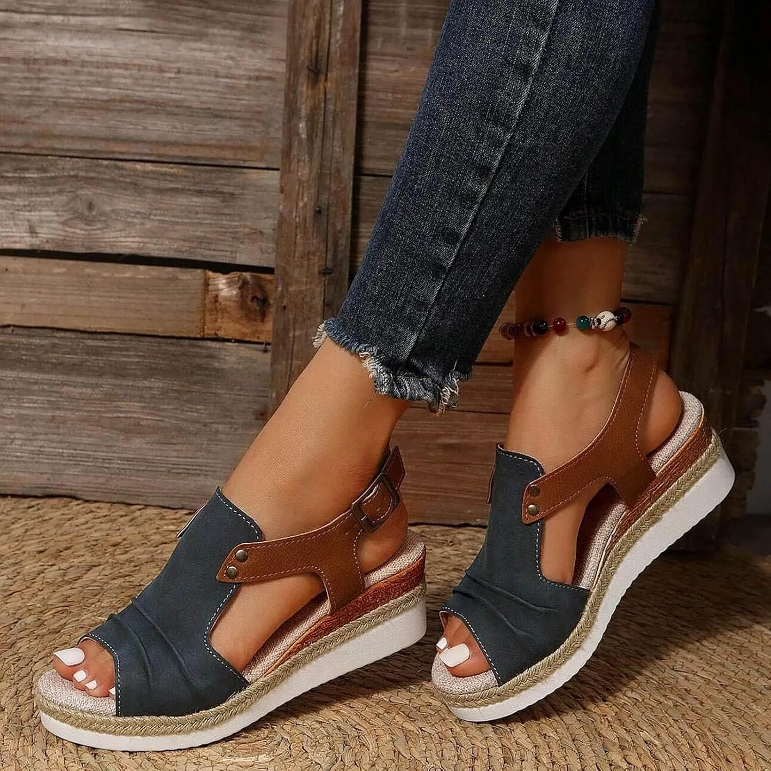 Orthopedic Sandals for Women 2025, Bohemia Breathable Mesh Hollow Open Toe Ankle Strap Wedge Heels Sandals, Comfortable Breathable Orthopedic Sandals for Women