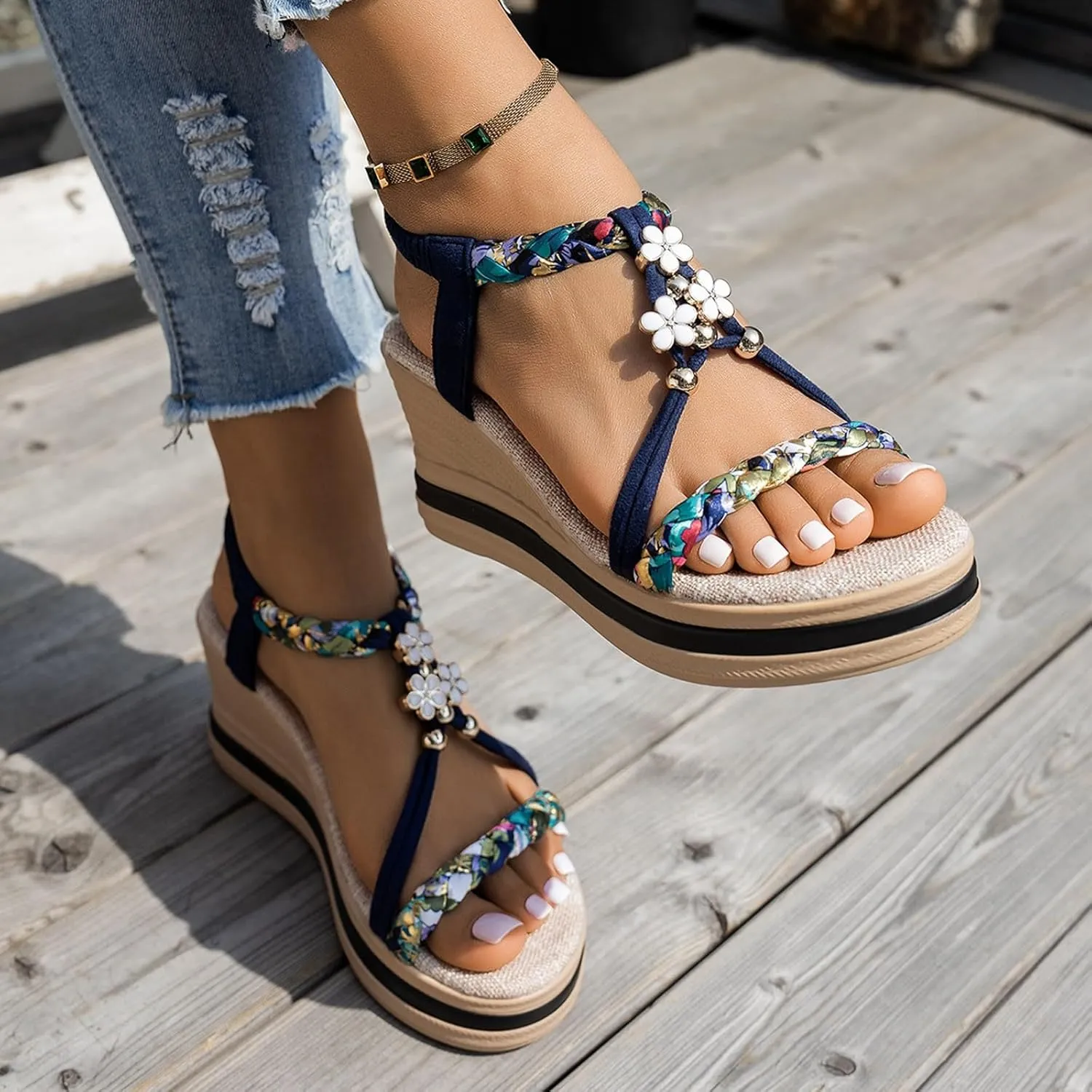 Orthopedic Wedge Sandals for Women Dressy Summer Comfortable Walking, Womens Bohemian Woven Sandals Heels Platform Shoes