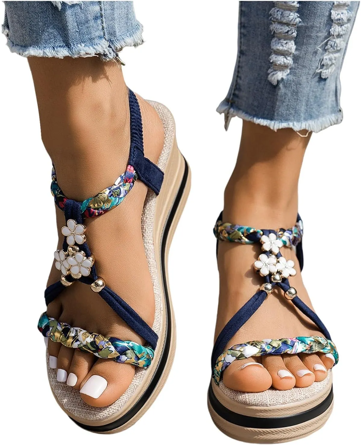 Orthopedic Wedge Sandals for Women Dressy Summer Comfortable Walking, Womens Bohemian Woven Sandals Heels Platform Shoes