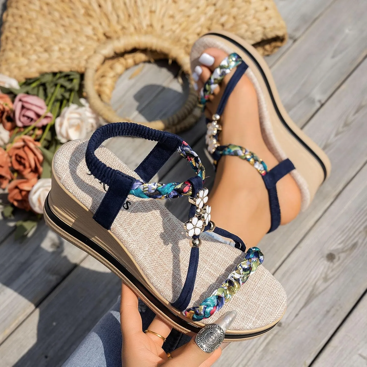 Orthopedic Wedge Sandals for Women Dressy Summer Comfortable Walking, Womens Bohemian Woven Sandals Heels Platform Shoes