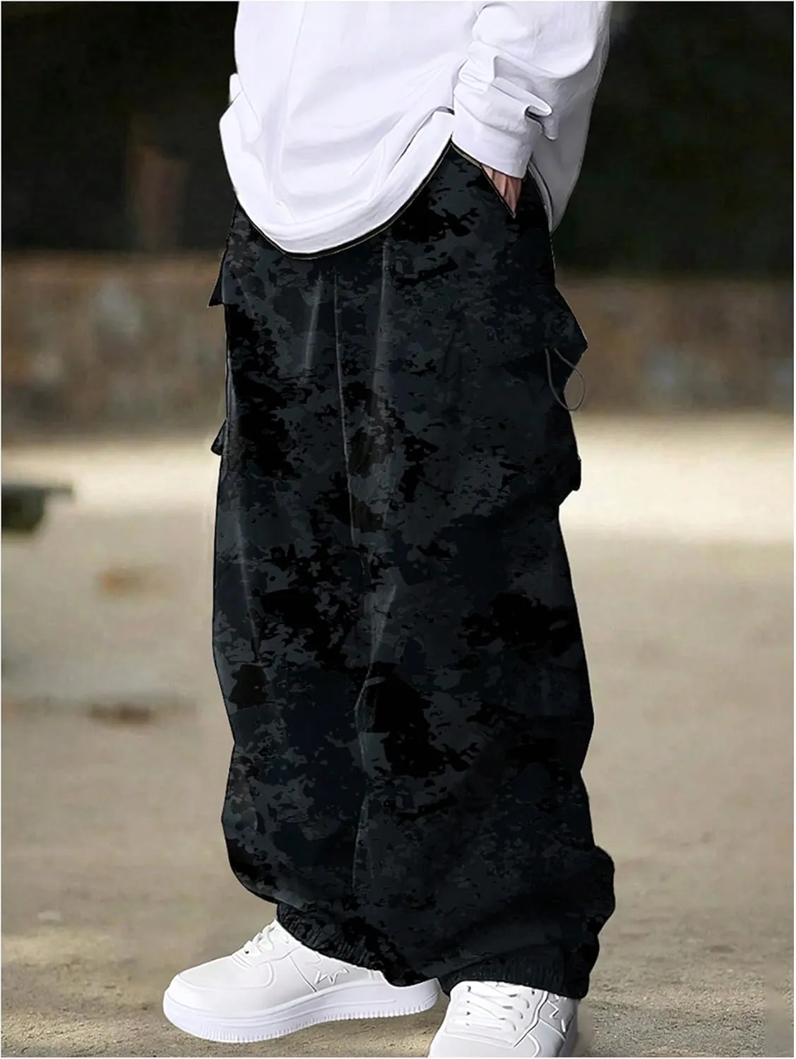 OYOANGLE Men's Camo Print Baggy Cargo Pants Elastic Drawstring Waist Wide Leg Trousers Streetwear