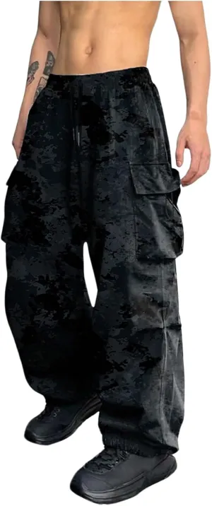OYOANGLE Men's Camo Print Baggy Cargo Pants Elastic Drawstring Waist Wide Leg Trousers Streetwear