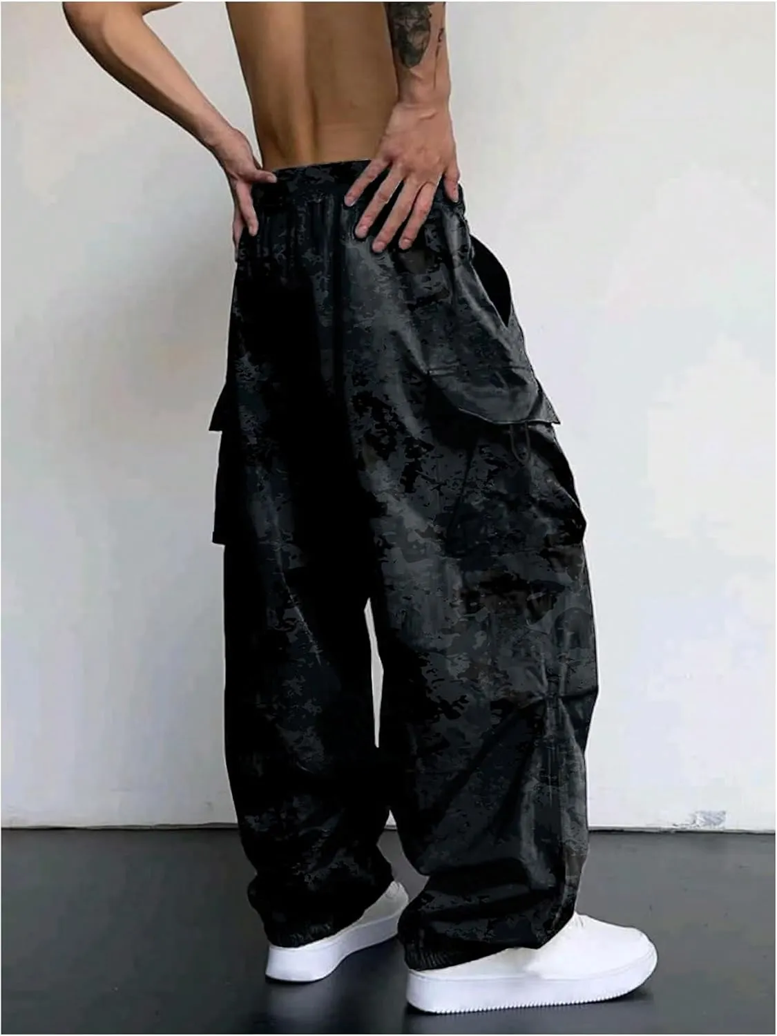 OYOANGLE Men's Camo Print Baggy Cargo Pants Elastic Drawstring Waist Wide Leg Trousers Streetwear