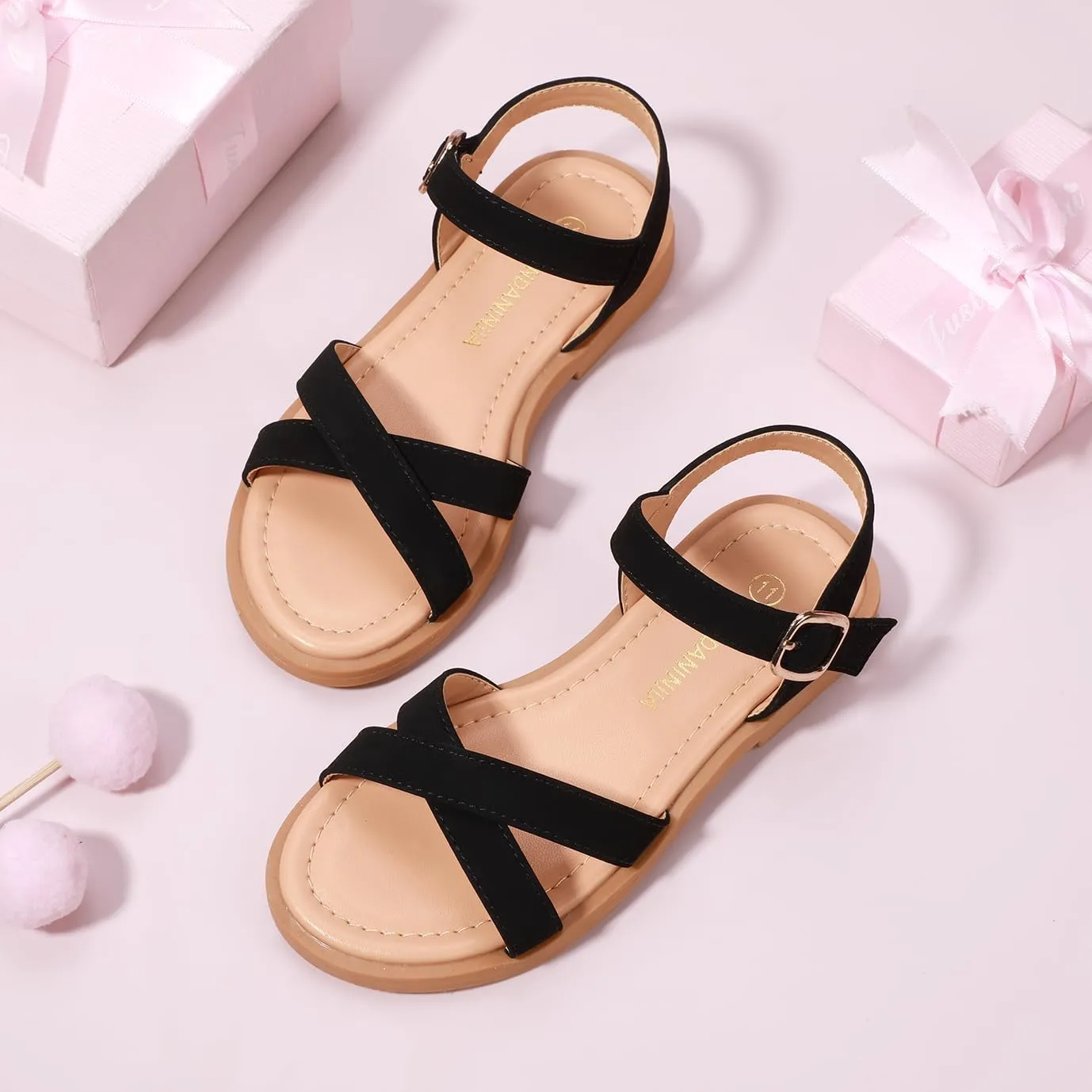 PANDANINJIA Elva Girls Sandals Open Toe Cute Flats Dress Sandals Cross Strappy Summer Shoes Toddler/Little Kid/Big Kid
