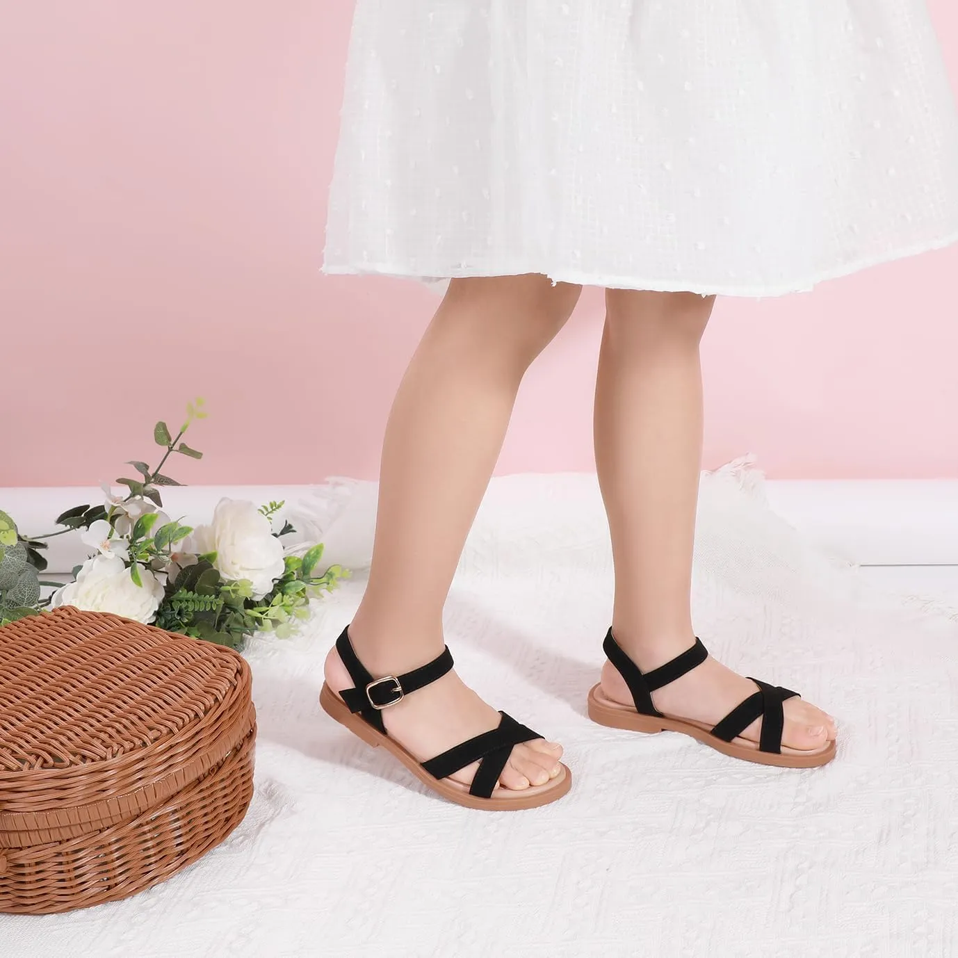 PANDANINJIA Elva Girls Sandals Open Toe Cute Flats Dress Sandals Cross Strappy Summer Shoes Toddler/Little Kid/Big Kid