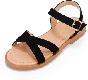 PANDANINJIA Elva Girls Sandals Open Toe Cute Flats Dress Sandals Cross Strappy Summer Shoes Toddler/Little Kid/Big Kid