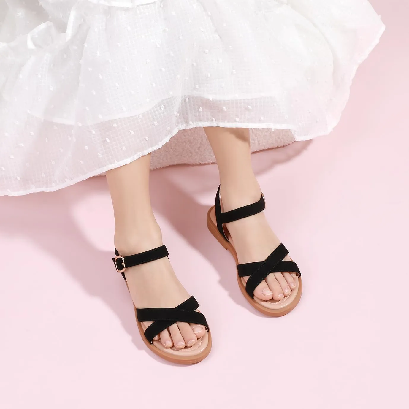 PANDANINJIA Elva Girls Sandals Open Toe Cute Flats Dress Sandals Cross Strappy Summer Shoes Toddler/Little Kid/Big Kid