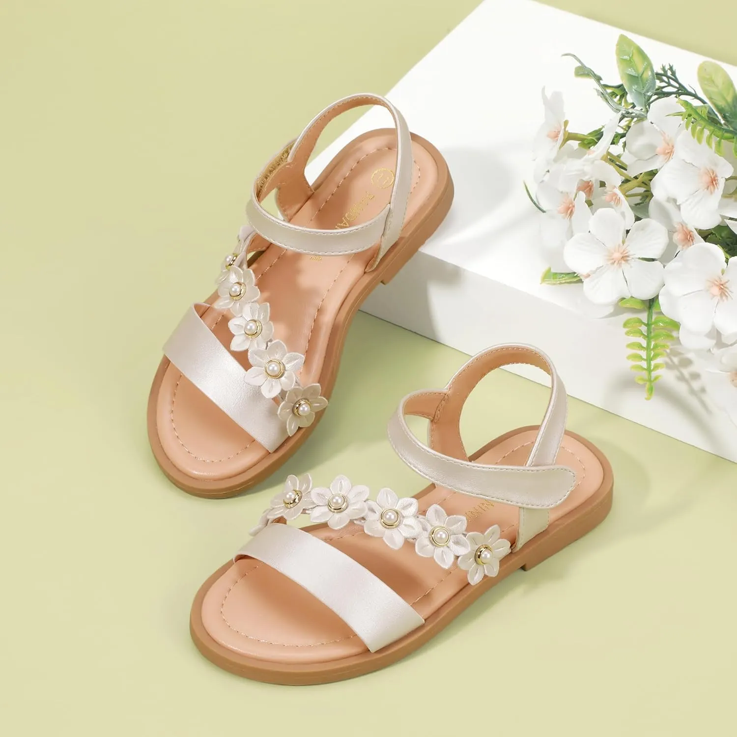 PANDANINJIA Gina Girls Sandals Open Toe Summer Flats Dress Sandals Shoes Toddler/Little Kid/Big Kid
