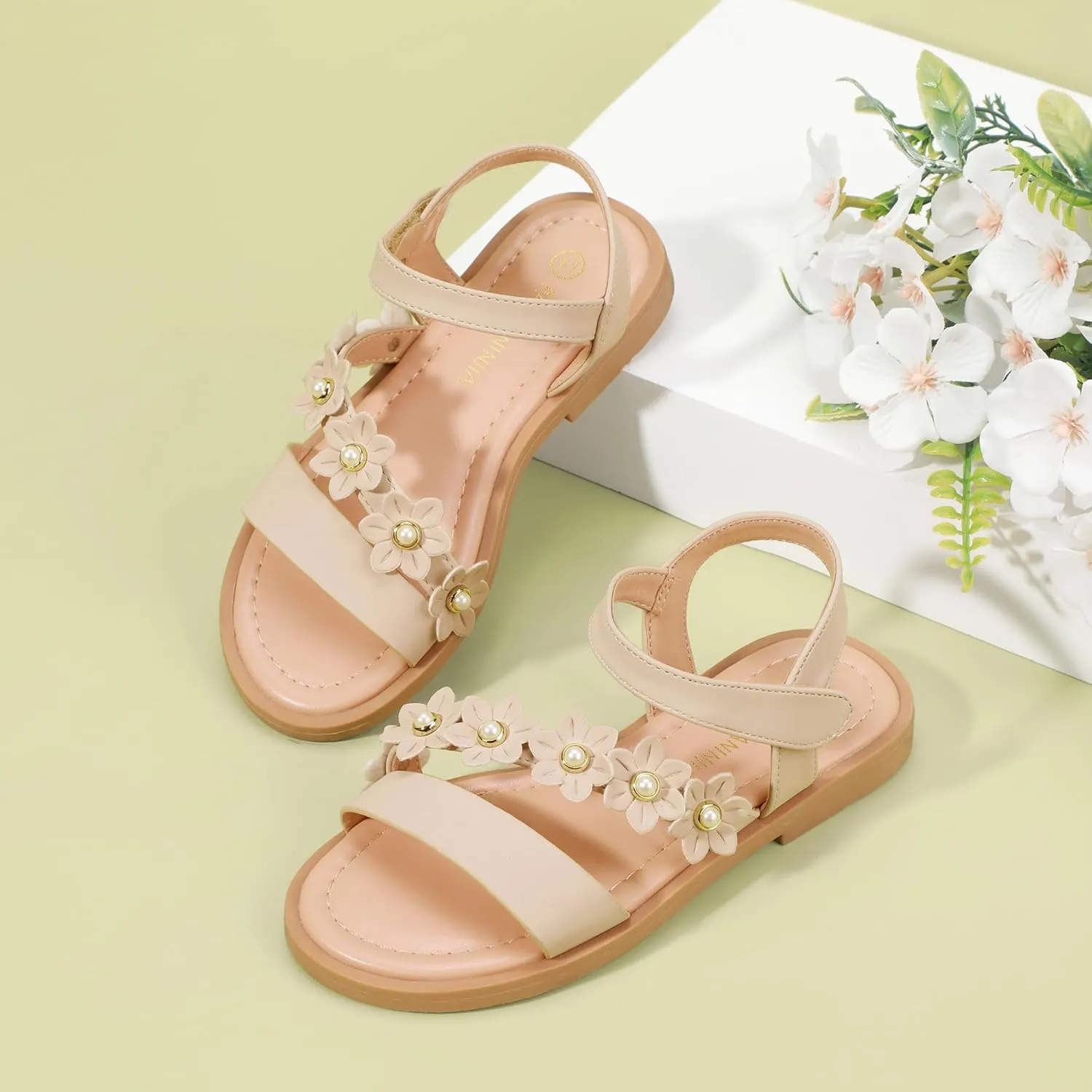 PANDANINJIA Gina Girls Sandals Open Toe Summer Flats Dress Sandals Shoes Toddler/Little Kid/Big Kid