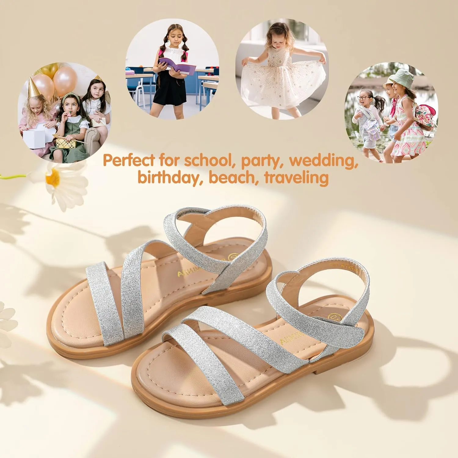 PANDANINJIA Girls Sandals Monica Summer Open Toe Flats Shoes Dress Sandals for Toddler Little Kid Big Kid