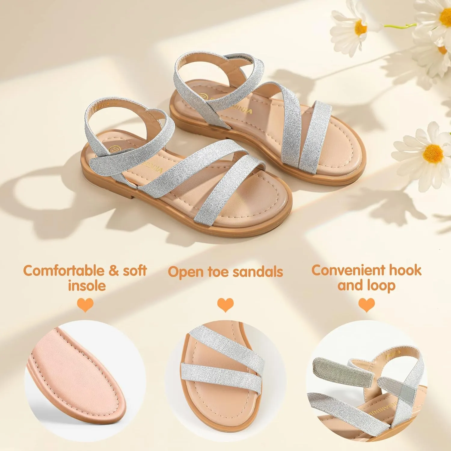 PANDANINJIA Girls Sandals Monica Summer Open Toe Flats Shoes Dress Sandals for Toddler Little Kid Big Kid