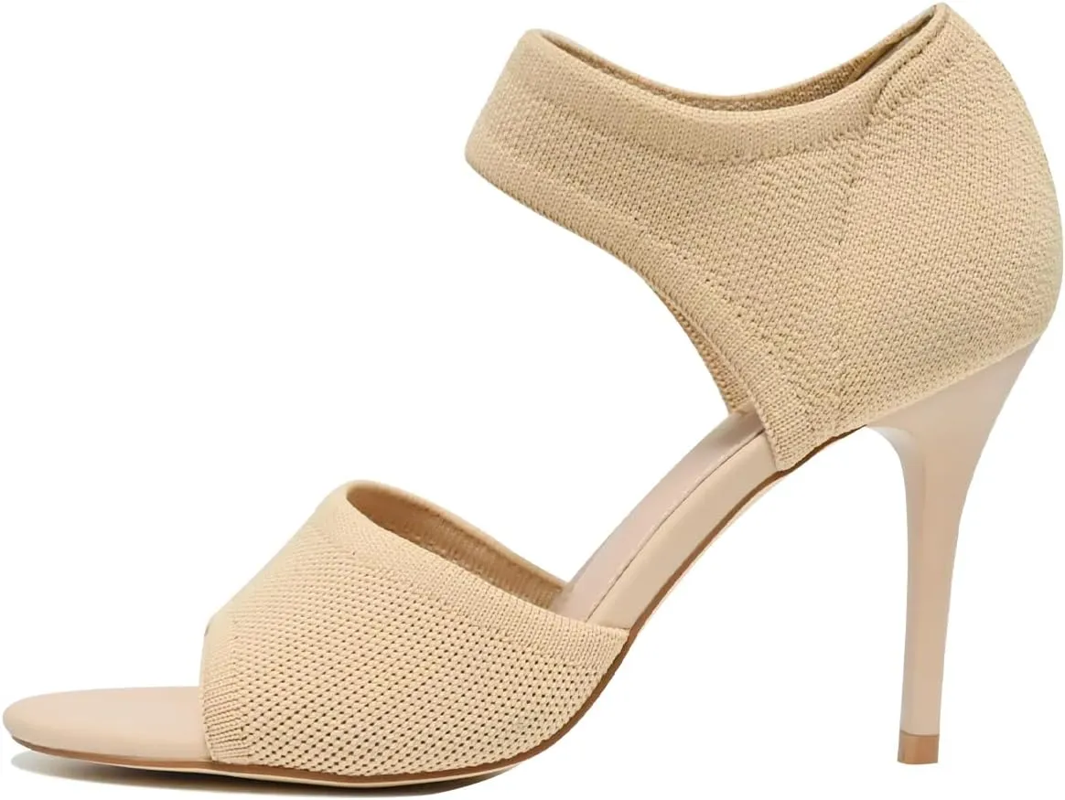 Peep Toe Heels for Women Sexy 3 Inches Stiletto High Heels for Women Dressy Slip On Comfortable Wide Stretchy Heels Knit Open Toe Booties Sandals Black Heels Sandals for Prom, Party and Work