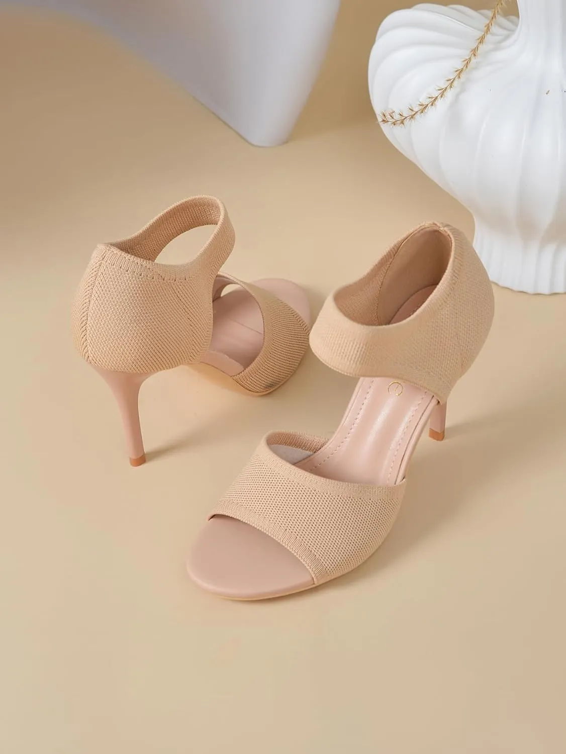 Peep Toe Heels for Women Sexy 3 Inches Stiletto High Heels for Women Dressy Slip On Comfortable Wide Stretchy Heels Knit Open Toe Booties Sandals Black Heels Sandals for Prom, Party and Work