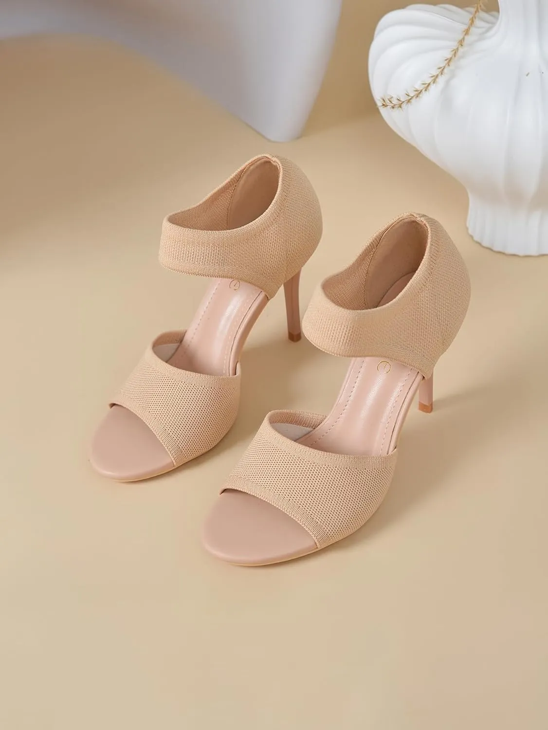 Peep Toe Heels for Women Sexy 3 Inches Stiletto High Heels for Women Dressy Slip On Comfortable Wide Stretchy Heels Knit Open Toe Booties Sandals Black Heels Sandals for Prom, Party and Work