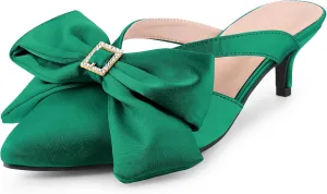 Perphy Bow Heels Closed Pionted Toe Kitten Heel Satin Slide Mules for Women