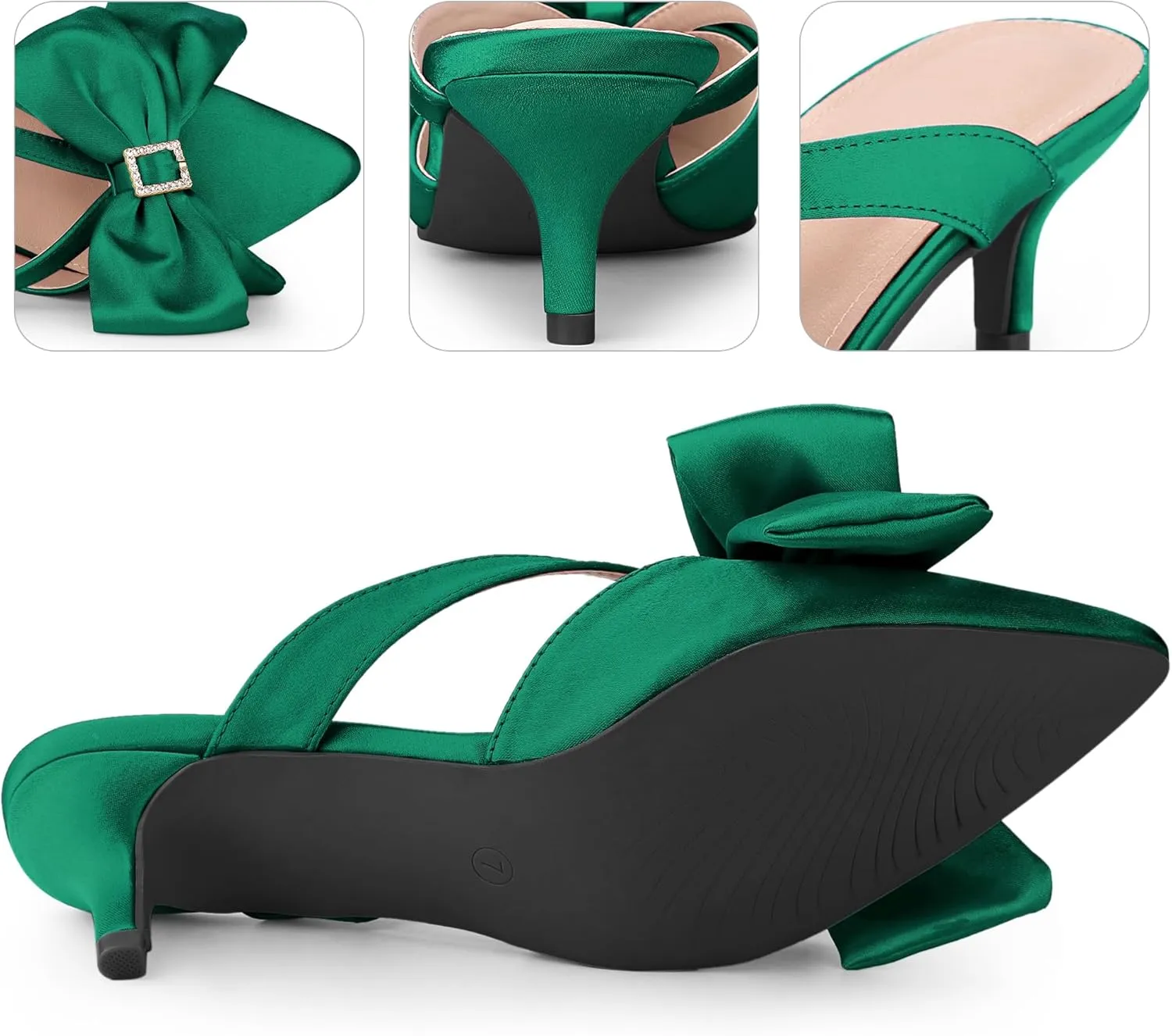Perphy Bow Heels Closed Pionted Toe Kitten Heel Satin Slide Mules for Women