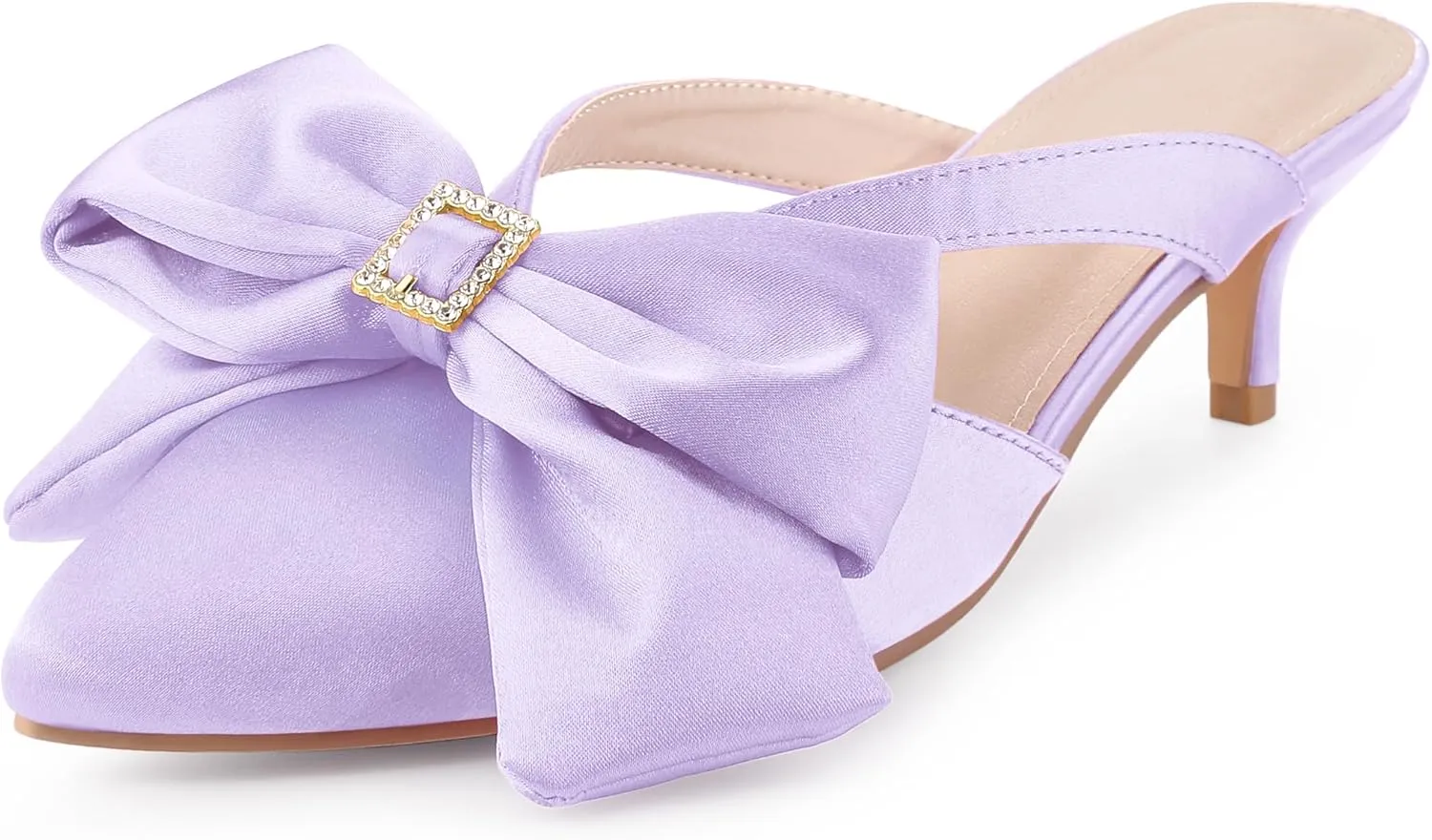Perphy Bow Heels Closed Pionted Toe Kitten Heel Satin Slide Mules for Women