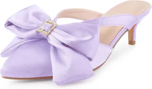Perphy Bow Heels Closed Pionted Toe Kitten Heel Satin Slide Mules for Women