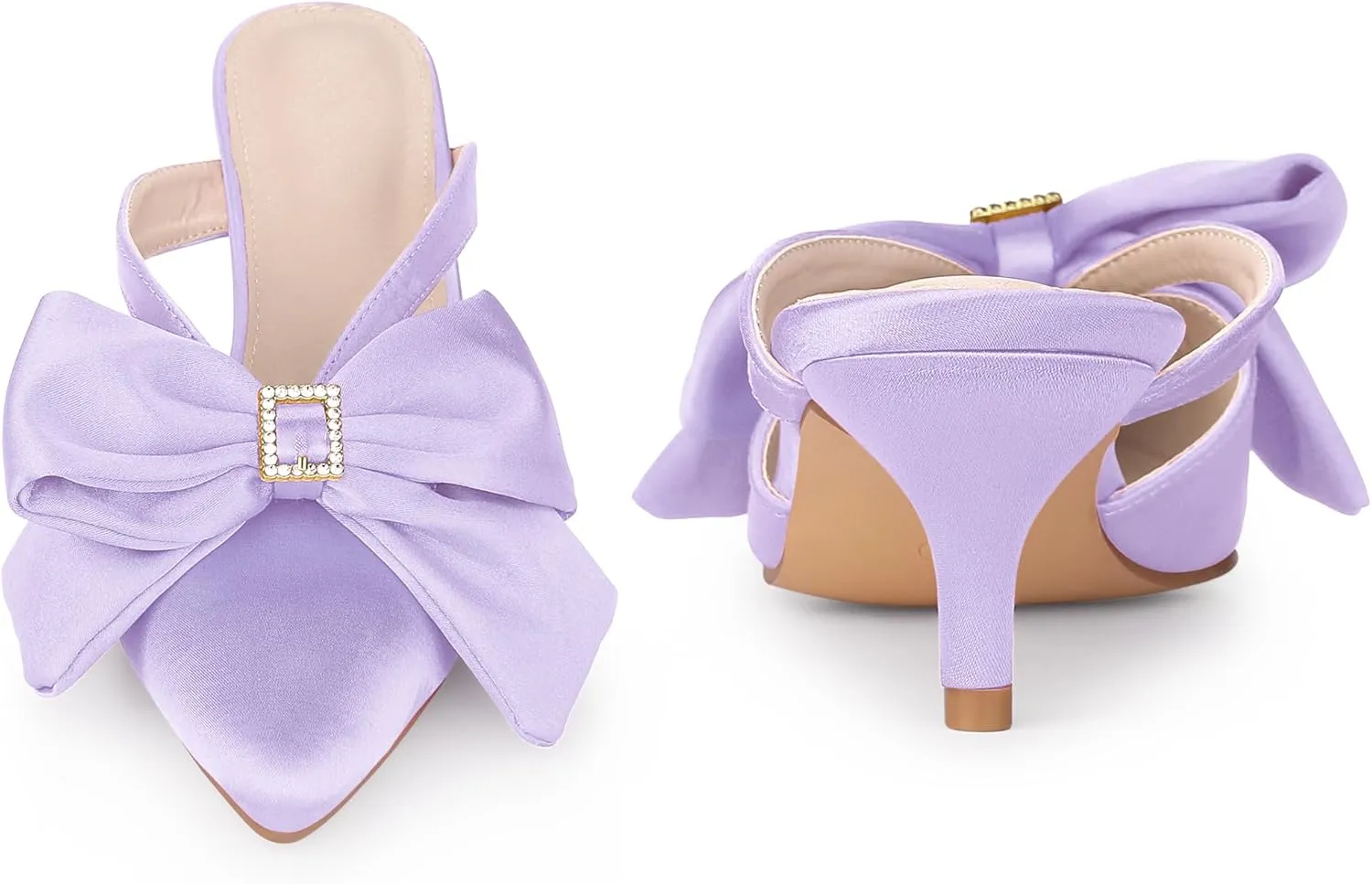 Perphy Bow Heels Closed Pionted Toe Kitten Heel Satin Slide Mules for Women