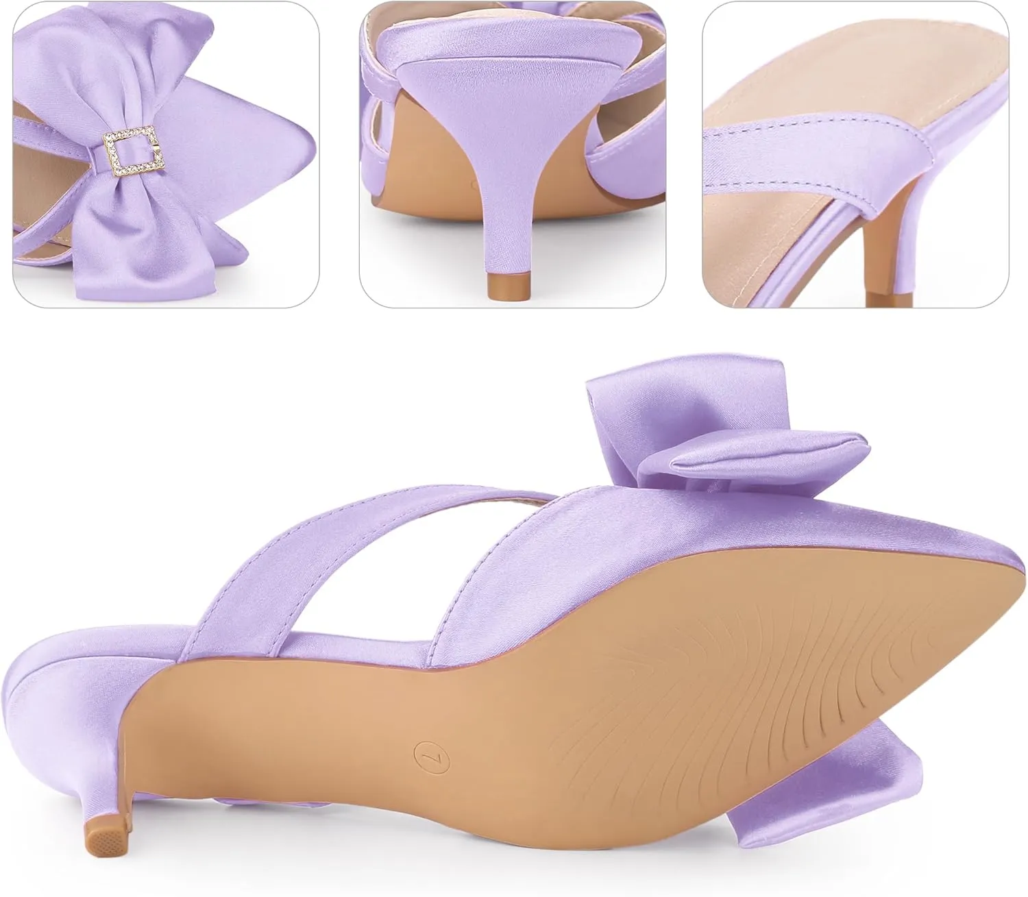 Perphy Bow Heels Closed Pionted Toe Kitten Heel Satin Slide Mules for Women